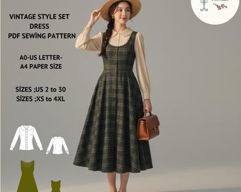 Vintage Plaid Jumper Dress Sewing Pattern: Cottagecore Midi (Digital PDF)