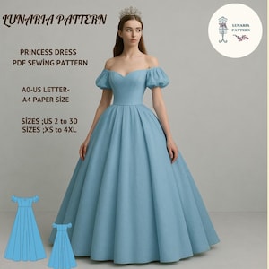 Princess Prom Dress Sewing Pattern,Elvish,Cinderella Costume (A0 A4 US Letter) US 2-30,Digital Download