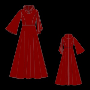 May include: A red, long-sleeved dress with a high collar and flared sleeves. The dress has a fitted bodice and a flowing skirt. A smaller version of the dress is also shown. The design is set against a black background.