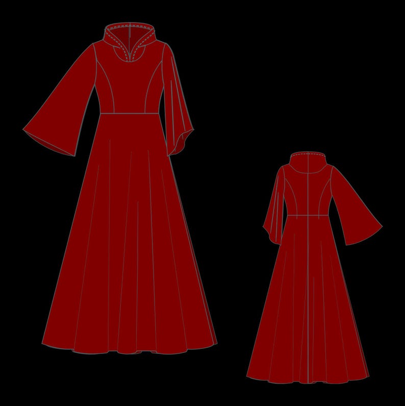 May include: A red, long-sleeved dress with a high collar and flared sleeves. The dress has a fitted bodice and a flowing skirt. A smaller version of the dress is also shown. The design is set against a black background.