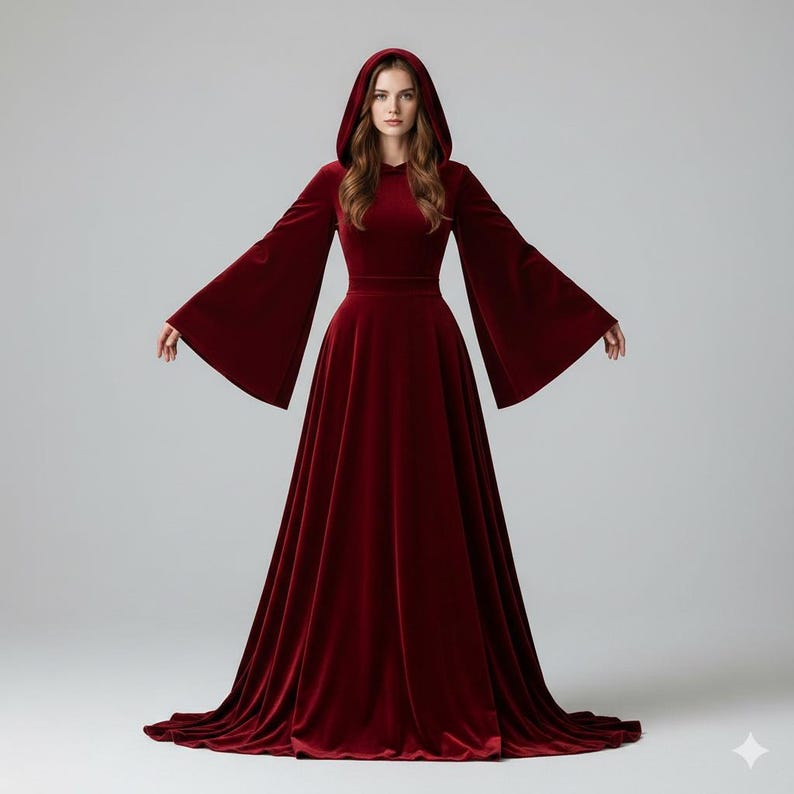 May include: A long, flowing burgundy velvet gown with a hooded neckline and dramatic bell sleeves. The dress features a fitted bodice and a full, floor-length skirt. The gown is designed for a formal occasion.