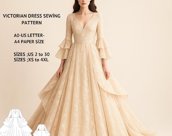 Victorian Dress Sewing Pattern, Renaissance Cosplay, US 2-30 (PDF Pattern)