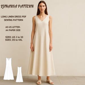 Long Linen V-Neck Dress,Tea Lenght Dress,PDF Sewing Pattern,Sleeveless Dress,Long Dress,A0 A4 US Letter-US 2 to 30