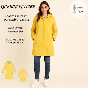 Può includere: Una donna indossa un impermeabile con cappuccio giallo brillante con chiusura a zip, abbinato a jeans blu e scarpe da ginnastica bianche. L'immagine include il testo: "LUNARIA PATTERN, HOODED RAINCOAT PDF SEWING PATTERN, AO-US LETTER-A4 PAPER SIZE, SIZES ;US 2 to 30, SIZES ;XS to 4XL."