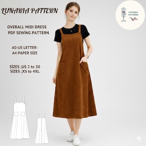 Könnte beinhalten: Eine Frau trägt ein braunes Cord-Overall-Midikleid über einem schwarzen T-Shirt. Das Kleid hat zwei Vordertaschen und verstellbare Träger. Der Text auf dem Bild lautet: "LUNARIA PATTERN", "OVERALL MIDI DRESS PDF SEWING PATTERN" und Größenangaben.