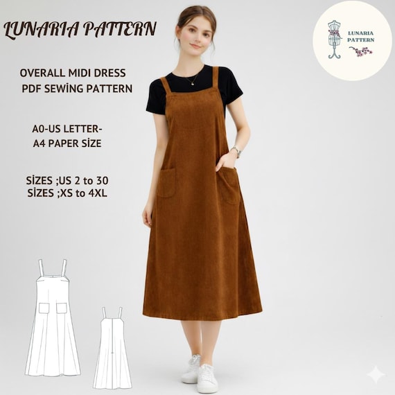 Midi Overall Dress Sewing Pattern | A-line Pinafore, US 2-30 (PDF Pattern)