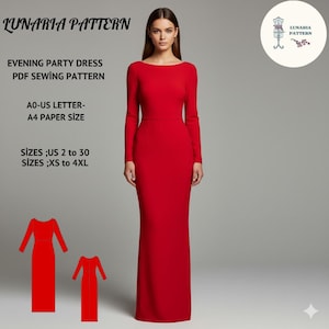 Op de afbeelding: Een lange, rode avondjurk met lange mouwen. De jurk heeft een eenvoudig, elegant ontwerp. Tekst op de afbeelding luidt "LUNARIA PATTERN", "EVENING PARTY DRESS PDF SEWING PATTERN", "AO-US LETTER-A4 PAPER SIZE", en "SIZES; US 2 to 30, XS to 4XL".