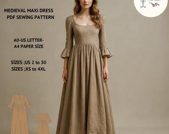 Medieval Linen Dress Sewing Pattern: Renaissance Gown (PDF Pattern XS-4XL)