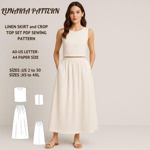Puede incluir: Una mujer viste un conjunto de falda y top de lino color crema. La imagen incluye el texto "LUNARIA PATTERN" y detalles sobre el patrón de costura PDF, incluyendo tallas US 2 a 30 y XS a 4XL. La falda tiene bolsillos.