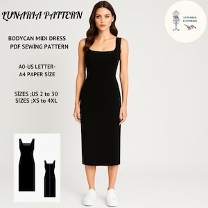 Mönster för svart bodycon midiklänning | US 2-30, XS-4XL (PDF-nedladdning)