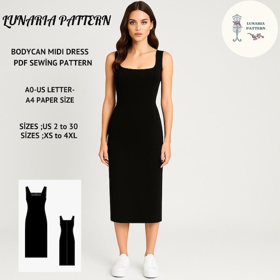 Black Bodycon Midi Dress Sewing Pattern | US 2-30, XS-4XL (PDF Download) -  Etsy