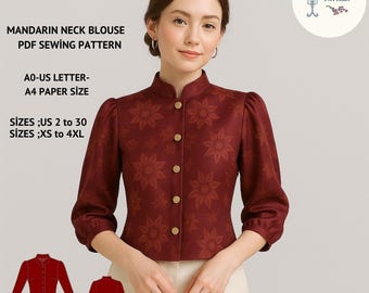 Chinese Blouse Sewing Pattern – Mandarin Collar Top with Puff Sleeves (PDF, US 2–30)