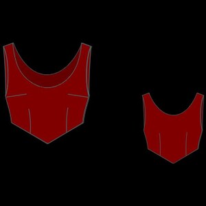 May include: Two red tank tops with a scoop neckline and a fitted bodice are shown against a black background. The tank tops are similar in design, with one being larger than the other.