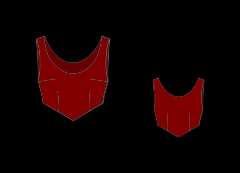 May include: Two red tank tops with a scoop neckline and a fitted bodice are shown against a black background. The tank tops are similar in design, with one being larger than the other.