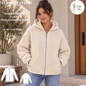 May include: A cream-coloured hooded sherpa jacket with a full-length front zip, long sleeves, and two front pockets. The image includes text: LUNARIA PATTERN, HOODED SHERPA JACKET, PDF SEWING PATTERN, A4-A0-US LETTER, XS-4XL, US 2-30.