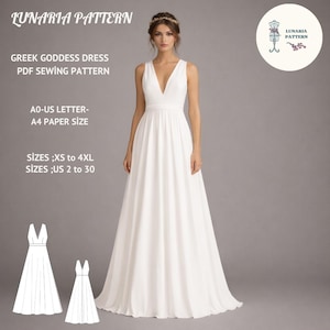 Peut inclure: Une robe blanche de déesse grecque avec un col en V et une jupe fluide. L'image comprend le texte "LUNARIA PATTERN" et "GREEK GODDESS DRESS PDF SEWING PATTERN". Le patron est disponible en tailles XS à 4XL et en tailles US 2 à 30.