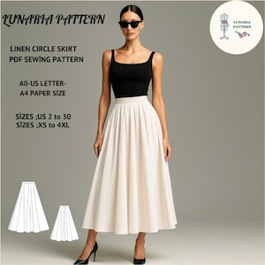 Könnte beinhalten: Eine Frau trägt ein schwarzes Tanktop und einen cremefarbenen Leinen-Kreisrock. Das Bild enthält Text: "LUNARIA PATTERN", "LINEN CIRCLE SKIRT PDF SEWING PATTERN" und Größenangaben in US und XS bis 4XL.
