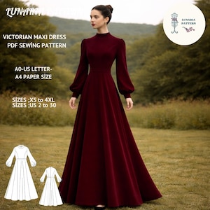 Pode incluir: Uma mulher usa um vestido maxi vitoriano bordô. O vestido apresenta gola alta, mangas compridas com ombros bufantes e uma saia fluida. O texto na imagem diz "VICTORIAN MAXI DRESS PDF SEWING PATTERN" e informações de tamanho.