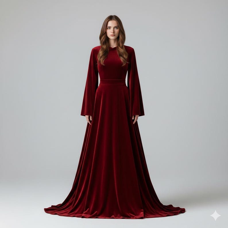May include: A floor-length, burgundy velvet gown with long, flared sleeves. The dress features a fitted bodice and a flowing skirt that pools on the floor. The elegant design is suitable for formal events.