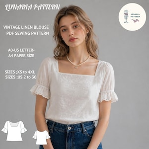 Vintage eckiger Ausschnitt Bluse Schnittmuster, Cottagecore Leinen Hemd (PDF Download)