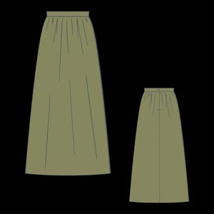 May include: Two olive green skirts are shown against a black background. The skirts have a high waist and a flowing, floor-length design. The larger skirt is on the left, and a smaller version is on the right. The skirts are likely for sewing patterns.