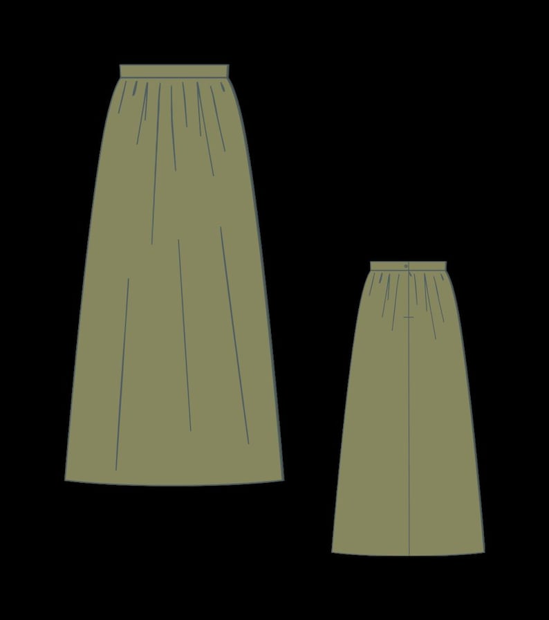 May include: Two olive green skirts are shown against a black background. The skirts have a high waist and a flowing, floor-length design. The larger skirt is on the left, and a smaller version is on the right. The skirts are likely for sewing patterns.