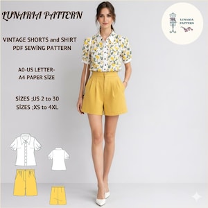 Peut inclure: Une femme porte un short jaune et une chemise blanche à motifs floraux. L'image contient le texte "LUNARIA PATTERN", "VINTAGE SHORTS and SHIRT PDF SEWING PATTERN" et "SIZES ;US 2 to 30 SIZES ;XS to 4XL".