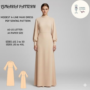Könnte beinhalten: Beiges A-Linien-Maxikleid mit langen Ärmeln und hohem Ausschnitt. Das Kleid wird an einem Model gezeigt und ist ein PDF-Schnittmuster. Der Text auf dem Bild lautet "LUNARIA PATTERN", "MODEST A-LINE MAXI DRESS" und Größenangaben.