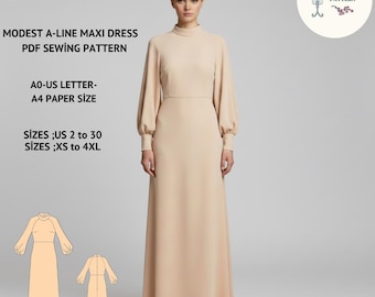 Puede incluir: Un vestido largo beige de línea A con mangas largas y cuello alto. El vestido se muestra en una modelo y es un patrón de costura PDF. El texto en la imagen dice "LUNARIA PATTERN", "MODEST A-LINE MAXI DRESS" y detalles de tallas.