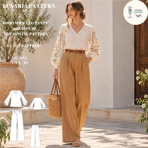 Könnte beinhalten: Ein PDF-Schnittmuster für eine weite Hose und eine Bluse mit V-Ausschnitt und floral bestickten Ärmeln. Der Text lautet LUNARIA PATTERN, BOHO WIDE LEG PANTS and BLOUSE PDF SEWING PATTERN, A4 A0 US LETTER, XS-4XL, US 2-30. Enthält technische Skizzen.
