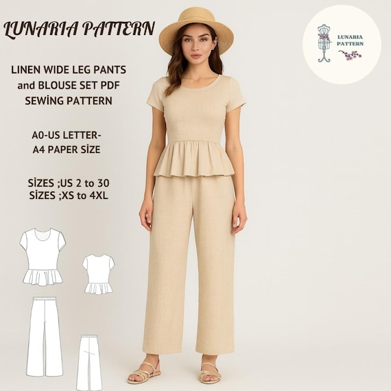 Linen Blouse & Wide Leg Pants Sewing Pattern: Peplum Top, Minimalist Outfit (PDF Pattern, XS-4XL)
