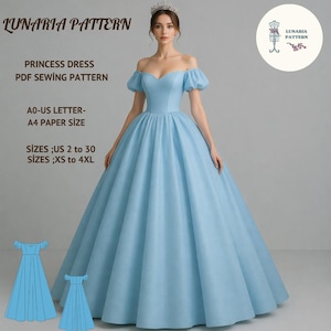 Peut inclure: Une robe de princesse bleu clair avec un décolleté épaules nues et une jupe ample. L'image comprend le texte "LUNARIA PATTERN" et "PRINCESS DRESS PDF SEWING PATTERN". Le patron de la robe est disponible en tailles US 2 à 30 et XS à 4XL.
