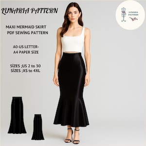 Puede incluir: Una falda larga de sirena negra con un dobladillo acampanado, combinada con un top blanco. La imagen incluye el texto "LUNARIA PATTERN" y "MAXI MERMAID SKIRT PDF SEWING PATTERN". Tallas disponibles: US 2 a 30 y XS a 4XL. Es un patrón de costura.