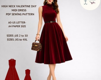 Patrón de costura para vestido midi de terciopelo burdeos, cuello alto, estilo vintage (PDF, tallas 2-30, XS-4XL)