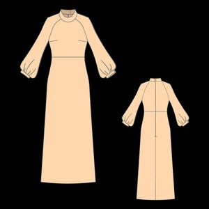 May include: A light peach-colored dress with long, puffy sleeves and a high neckline. The dress has a fitted bodice and a long, flowing skirt. The image also shows a back view of the dress, highlighting the design details.