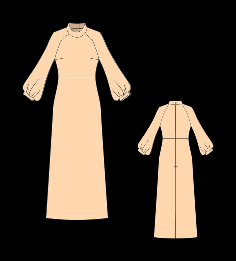 May include: A light peach-colored dress with long, puffy sleeves and a high neckline. The dress has a fitted bodice and a long, flowing skirt. The image also shows a back view of the dress, highlighting the design details.