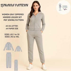 May include: A gray zippered hooded jogger set. The set includes a hooded jacket and matching pants. The image also shows pattern diagrams and text that reads "LUNARIA PATTERN", "WOMEN GRAY ZIPPERED HOODED JOGGER SET PDF SEWING PATTERN", and size information.