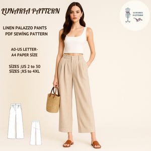 Puede incluir: Una mujer con un top corto blanco y pantalones palazzo de lino beige. La imagen incluye un patrón de costura con el texto "LUNARIA PATTERN", "LINEN PALAZZO PANTS PDF SEWING PATTERN" y detalles de tallas. Un bolso tote de paja y sandalias completan el look.