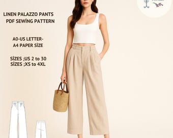 Linen Palazzo Pants Sewing Pattern: High Waisted Wide Leg Trousers (PDF Pattern, XS-4XL)
