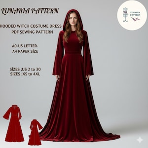 May include: A long, burgundy hooded witch costume dress. The dress has long, flared sleeves and a fitted bodice. The image includes the text "LUNARIA PATTERN" and "HOODED WITCH COSTUME DRESS PDF SEWING PATTERN". The dress is available in sizes US 2 to 30 and XS to 4XL.