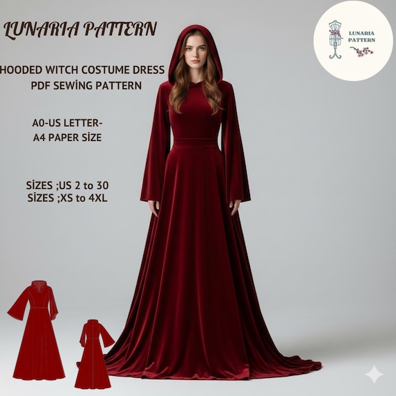 Hooded Witch Costume Sewing Pattern,Gothic Velvet Dress (PDF Pattern, US 2-30, XS-4XL)