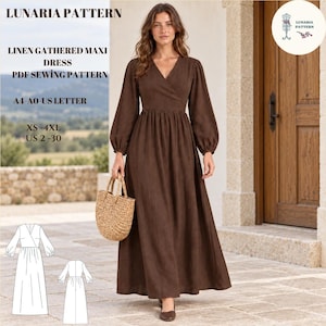 Op de afbeelding: Een bruine linnen maxi-jurk met lange mouwen, een V-hals en een geplooide taille. De tekst luidt: LUNARIA PATTERN, LINEN GATHERED MAXI DRESS PDF SEWING PATTERN, A4-A0-US LETTER, XS-4XL, US 2-30. Inclusief een lijntekening van het patroon.