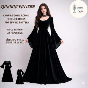May include: A black velvet Vampire Gothic round neckline dress with long, flared sleeves and a floor-length skirt. The image includes the text "LUNARIA PATTERN" and details about the PDF sewing pattern, including sizes US 2 to 30 and XS to 4XL.
