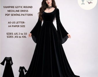 Gothic Ball Gown Sewing Pattern | Vampire Cosplay, Long Sleeve Maxi Dress (PDF Digital Download)