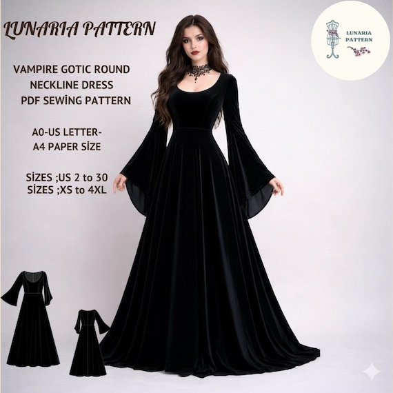 Gothic Ball Gown Sewing Pattern | Vampire Cosplay, Long Sleeve Maxi Dress (PDF Digital Download)