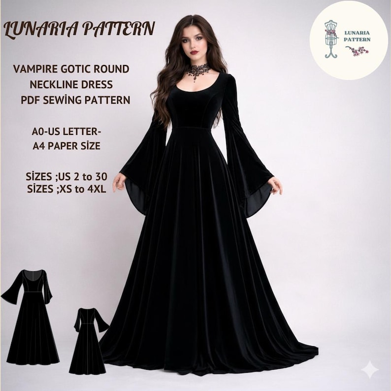 Pode incluir: Um vestido preto de veludo com decote redondo g&oacute;tico vampiro, com mangas compridas e largas e uma saia comprida. A imagem inclui o texto "LUNARIA PATTERN" e detalhes sobre o padr&atilde;o de costura PDF, tamanhos US 2 a 30 e XS a 4XL.