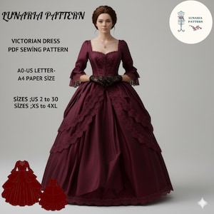 Puede incluir: Un patrón de costura de vestido victoriano burdeos. El vestido presenta un escote cuadrado, detalles de encaje y mangas acampanadas. La imagen incluye el texto "LUNARIA PATTERN" e información de tallas: tallas US 2 a 30 y XS a 4XL. El patrón es para tamaños A0-US Letter y A4.