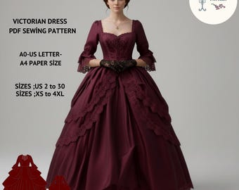Victorian Dress Sewing Pattern, Renaissance Cosplay, US 2-30 (PDF Pattern)