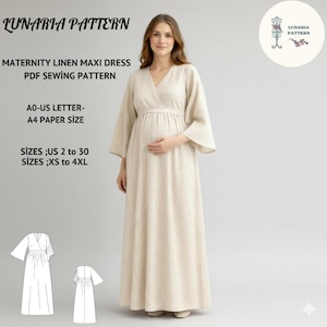 May include: A woman wearing a beige maternity linen maxi dress. The dress has a V-neck, long sleeves, and a flowing skirt. The image includes text that reads "LUNARIA PATTERN" and "MATERNITY LINEN MAXI DRESS PDF SEWING PATTERN". Sizes US 2 to 30 and XS to 4XL are listed.