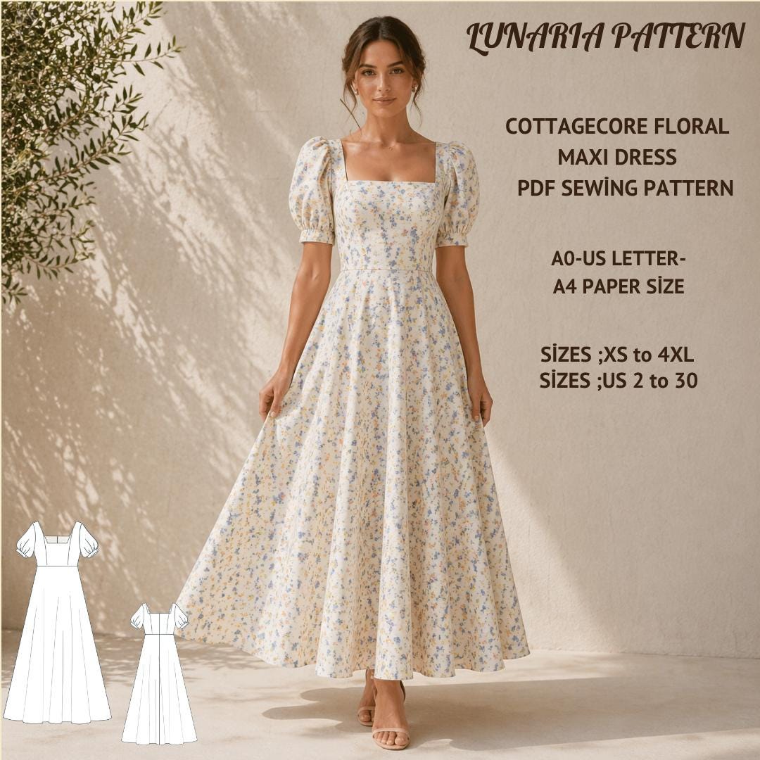 cottagecore maxi dress Floral Sewing Pattern, Puff Sleeve Square Neck (PDF Download) 30 Standard Sizes size:3X Puff sleeves collection-auto_sleep Champagne Halter Neck Lace